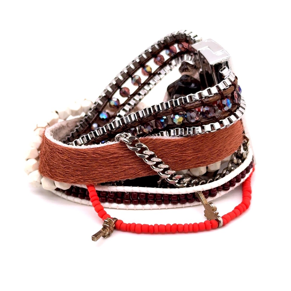 Victoria Emerson Boho Cuff Bracelet Magnetic Clasp Mixed Media Brown Red 7 Inch